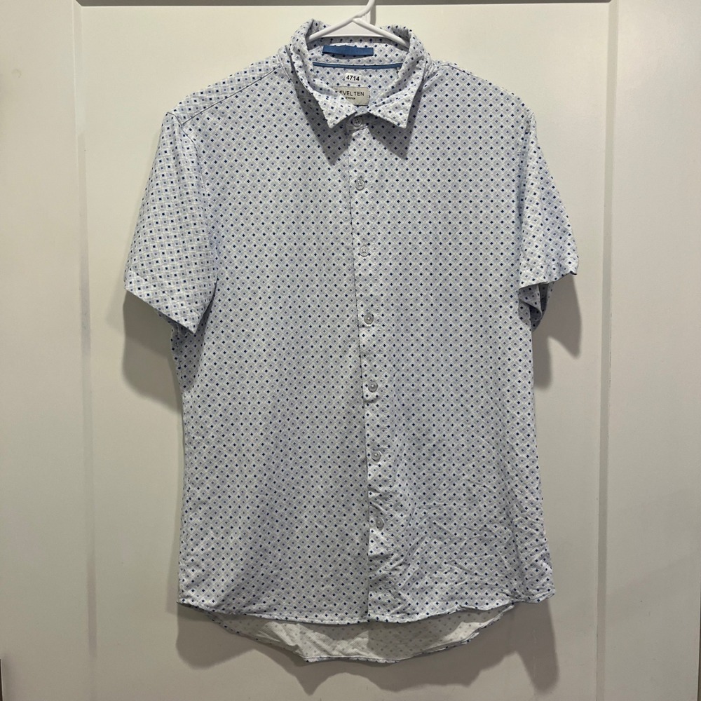 Level Ten Stretch Mens Small Blue White Geometric Diamond Short Sleeve Shirt